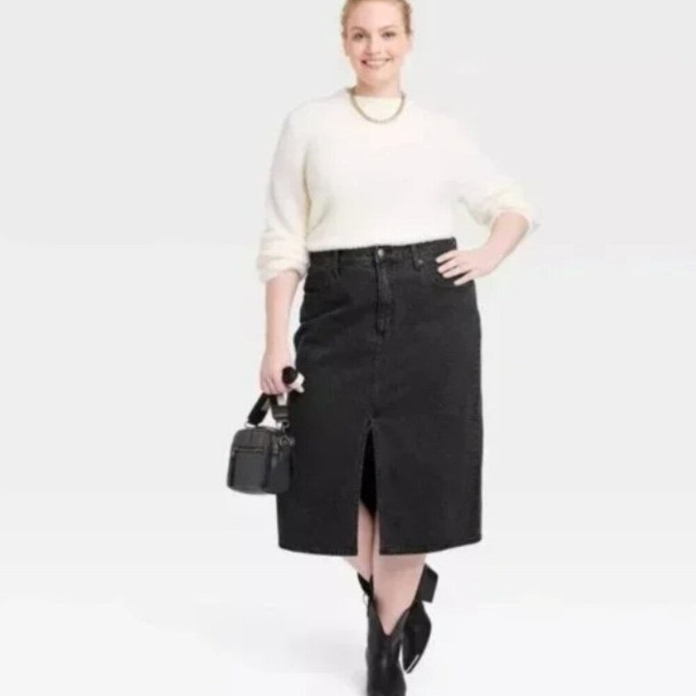Universal Thread Black Wash Denim Jeans Midi Skirt Front Slit Sz 24 NWOT